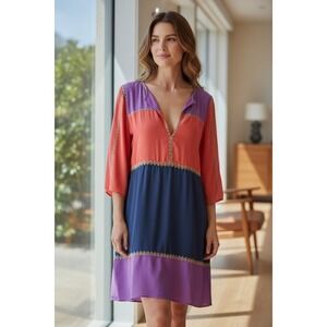 BCBGMAXAZRIA SILK - Colorblock V‎ Neck 3/4 Sleeve Dress Size S Purple Coral Navy
